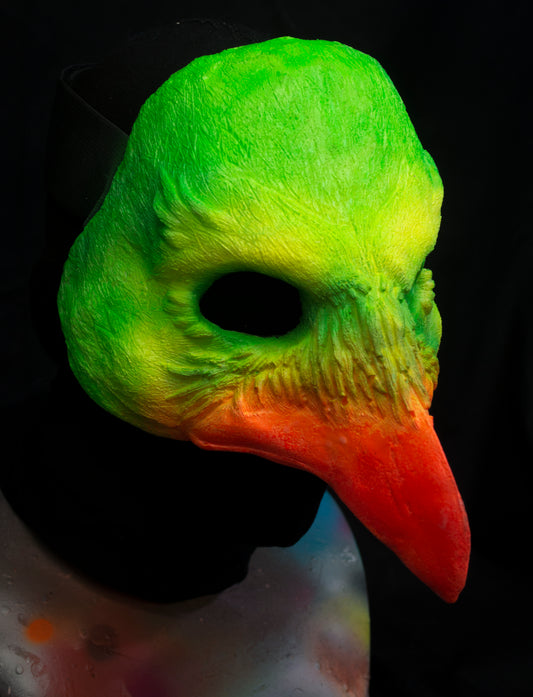 Green and Orange Bird, UV reactive mask for LARP, performance and costuming