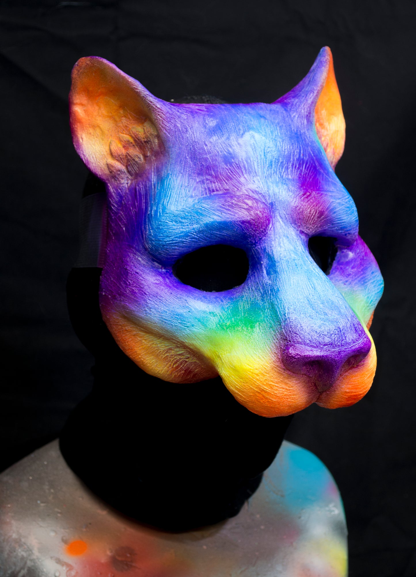 Rainbow Feline, UV reactive mask for LARP, performance and costuming