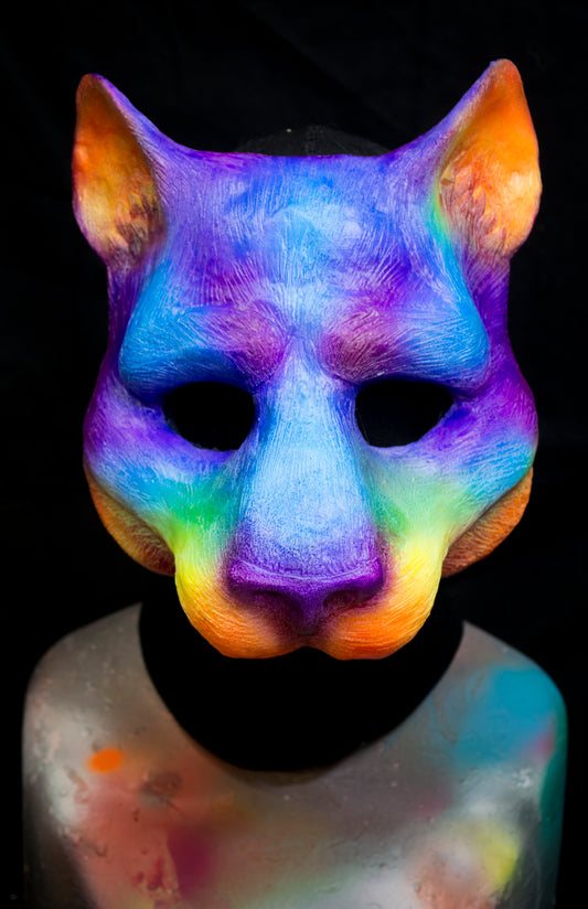 Rainbow Feline, UV reactive mask for LARP, performance and costuming