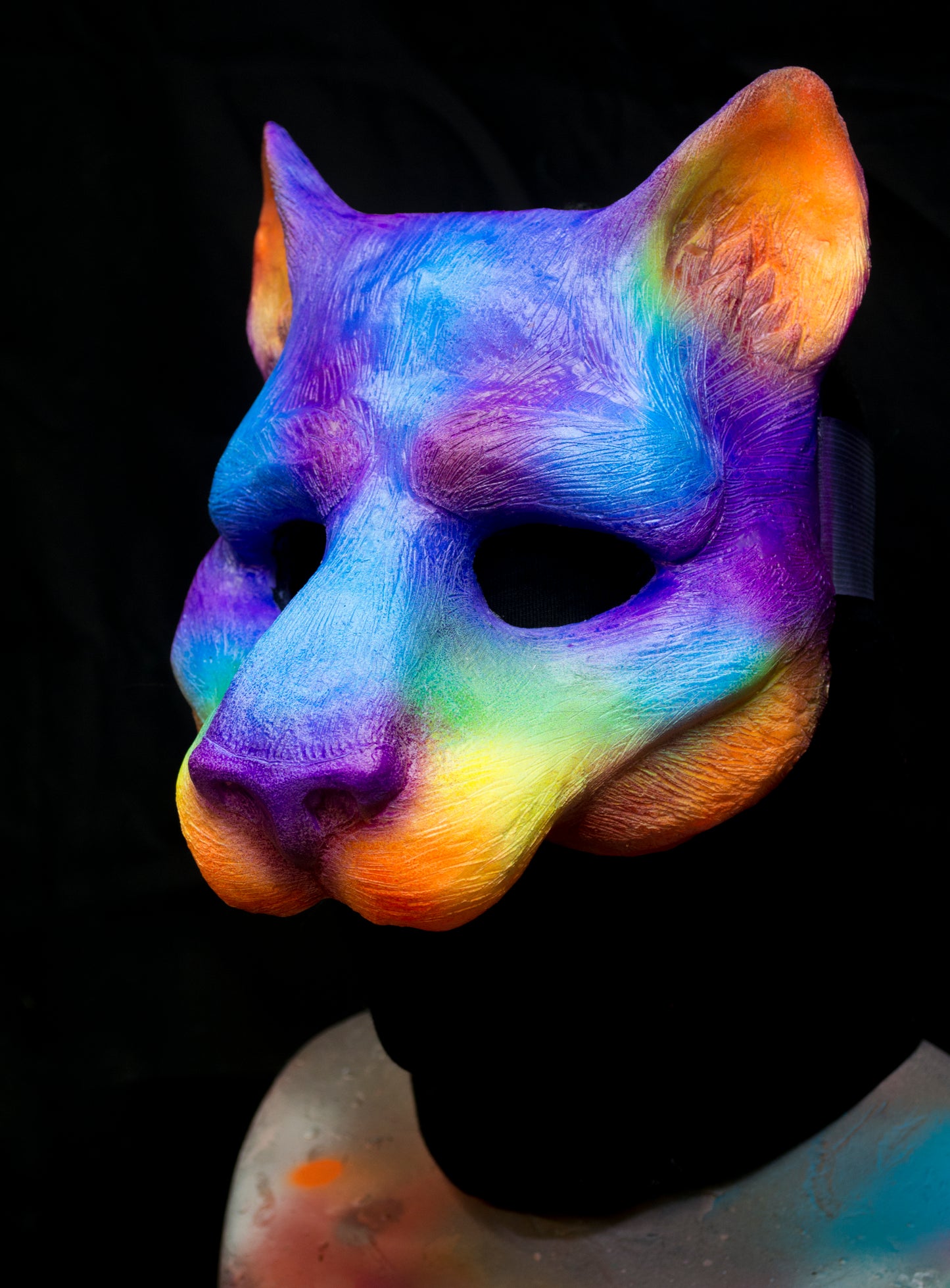 Rainbow Feline, UV reactive mask for LARP, performance and costuming