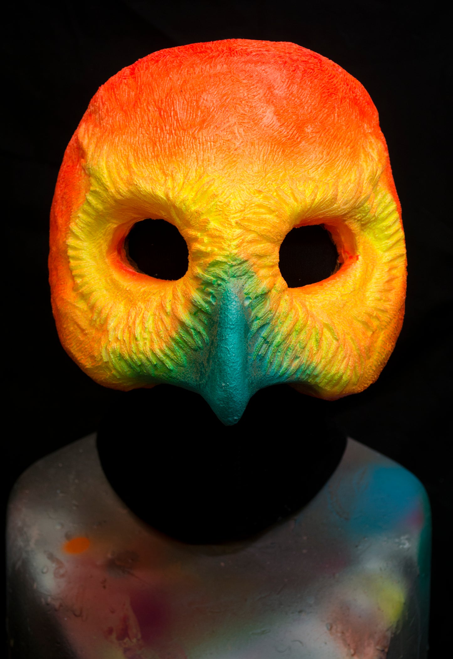 Orange Owl, UV reactive mask for LARP, performance and costuming