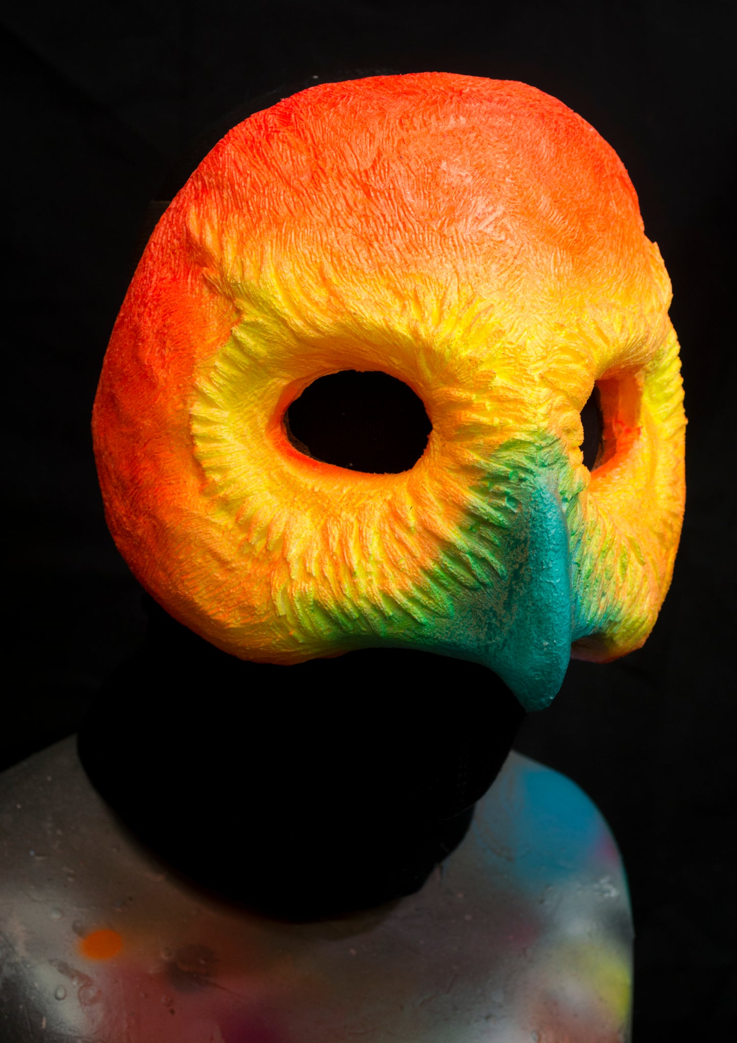 Orange Owl, UV reactive mask for LARP, performance and costuming