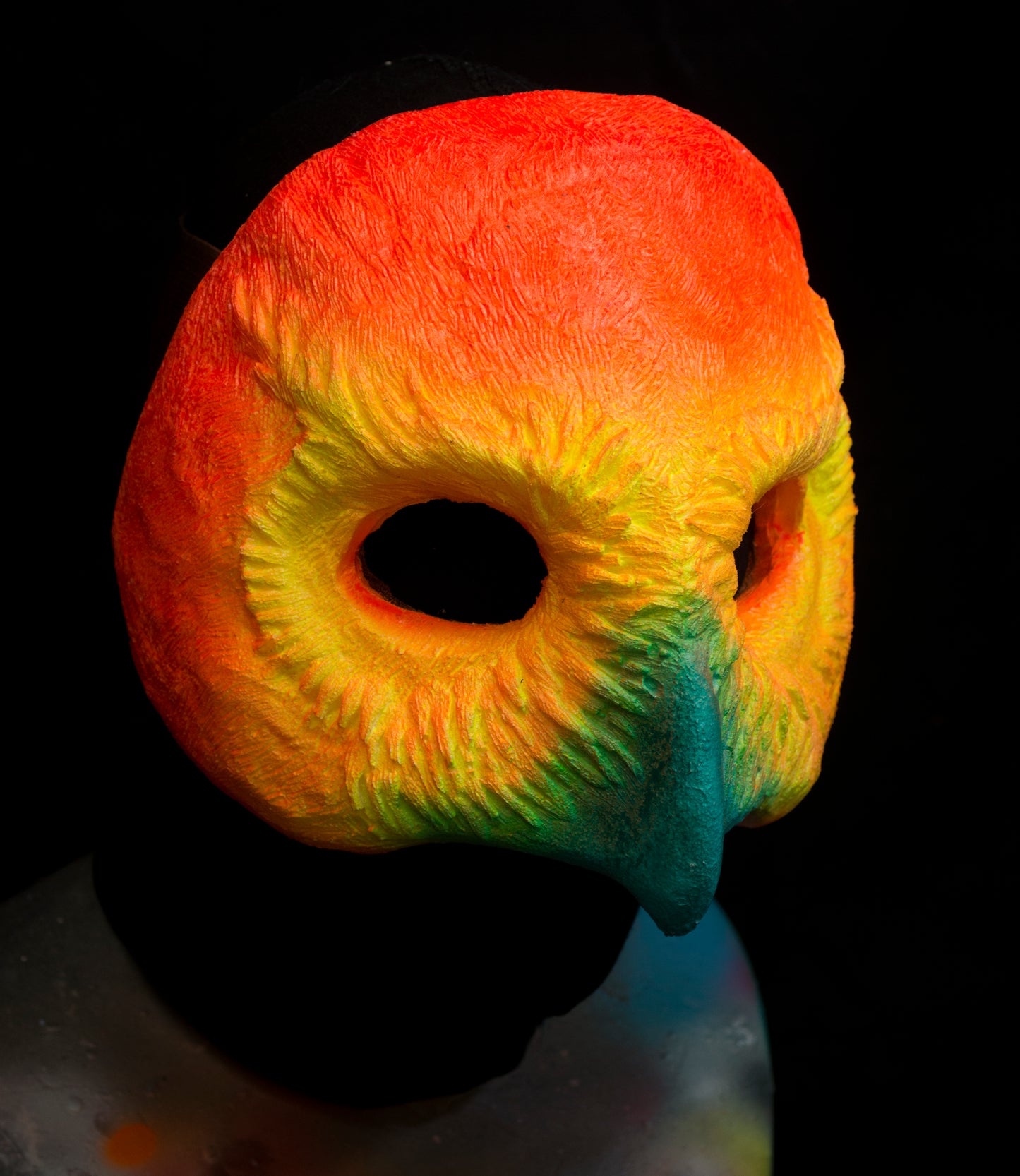 Orange Owl, UV reactive mask for LARP, performance and costuming