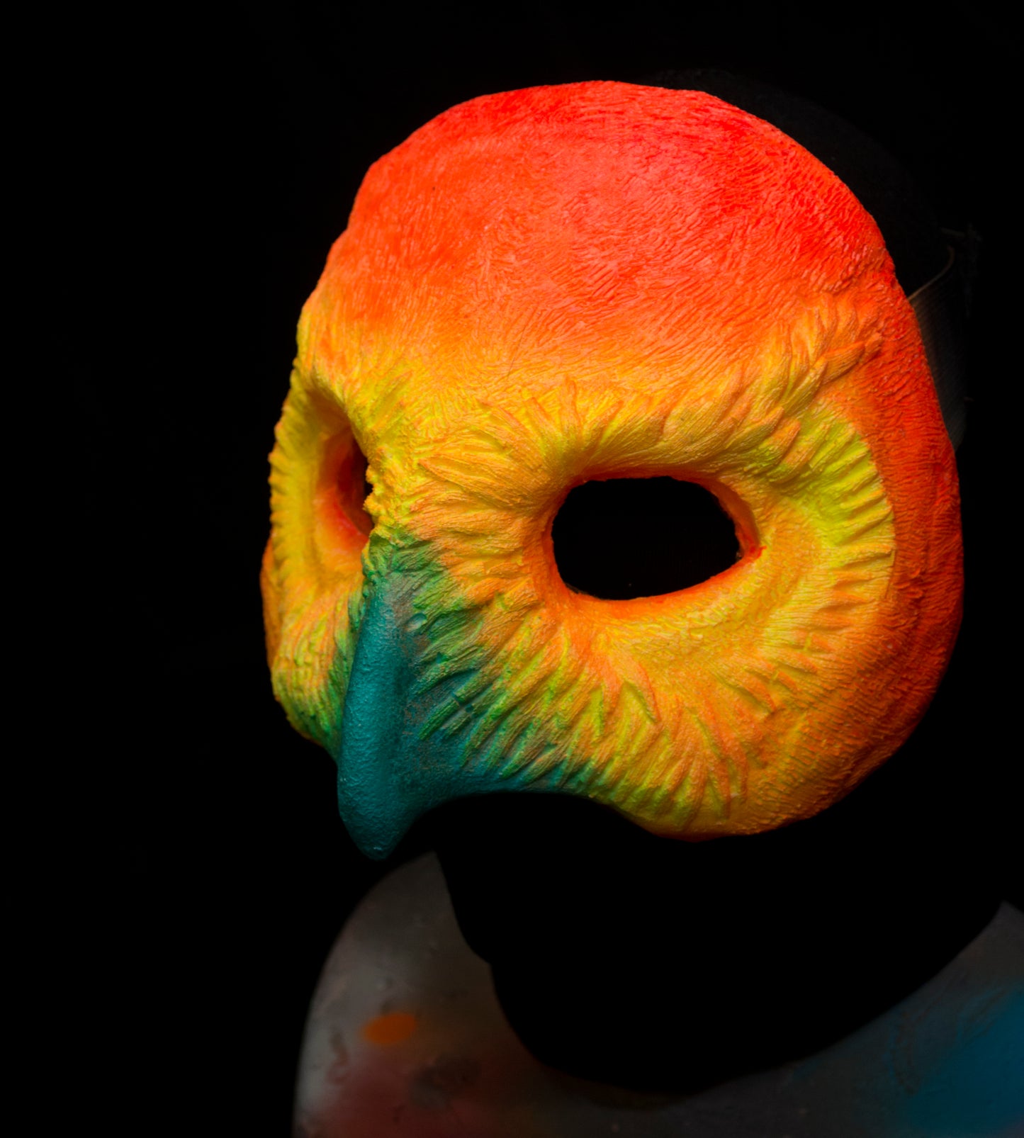 Orange Owl, UV reactive mask for LARP, performance and costuming