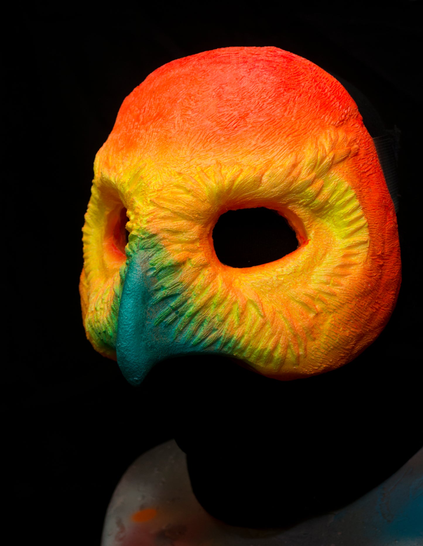 Orange Owl, UV reactive mask for LARP, performance and costuming