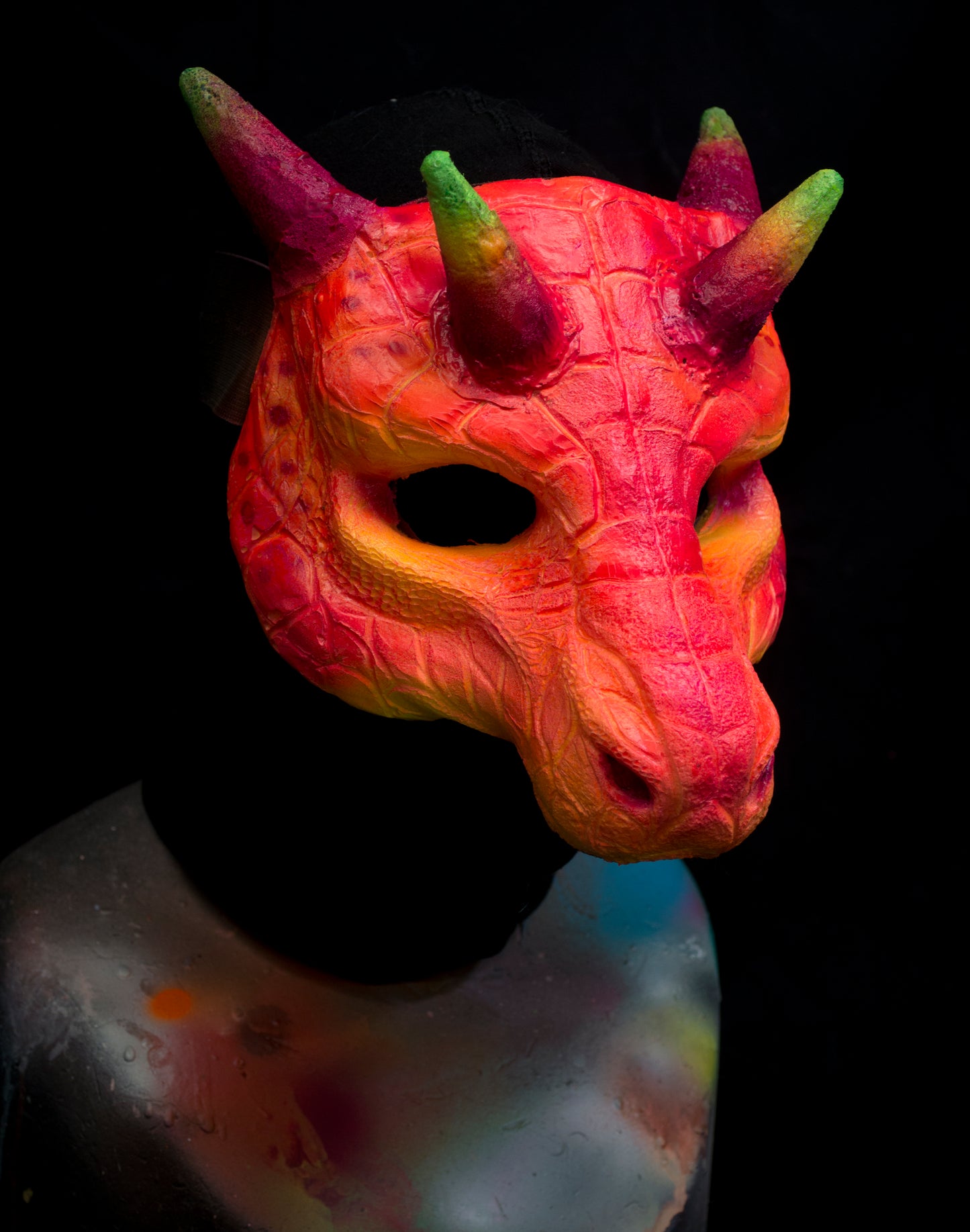 Pink / red Dragon, UV reactive mask for LARP, performance and costuming