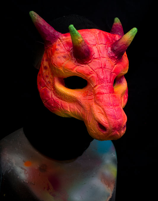 Pink / red Dragon, UV reactive mask for LARP, performance and costuming