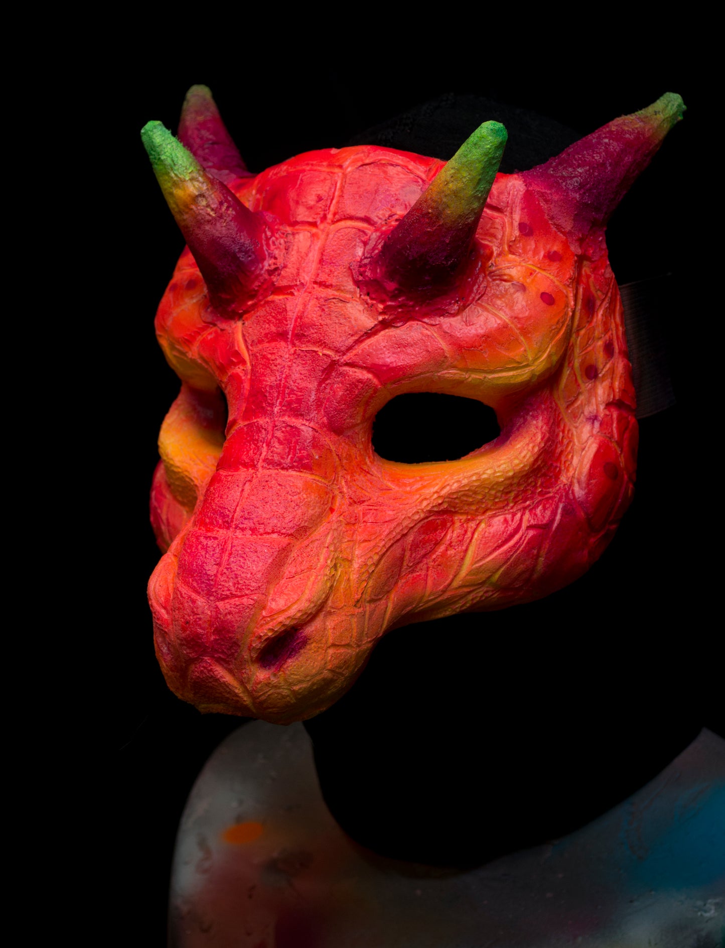 Pink / red Dragon, UV reactive mask for LARP, performance and costuming
