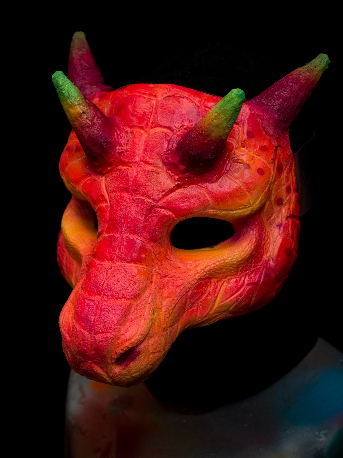 Pink / red Dragon, UV reactive mask for LARP, performance and costuming