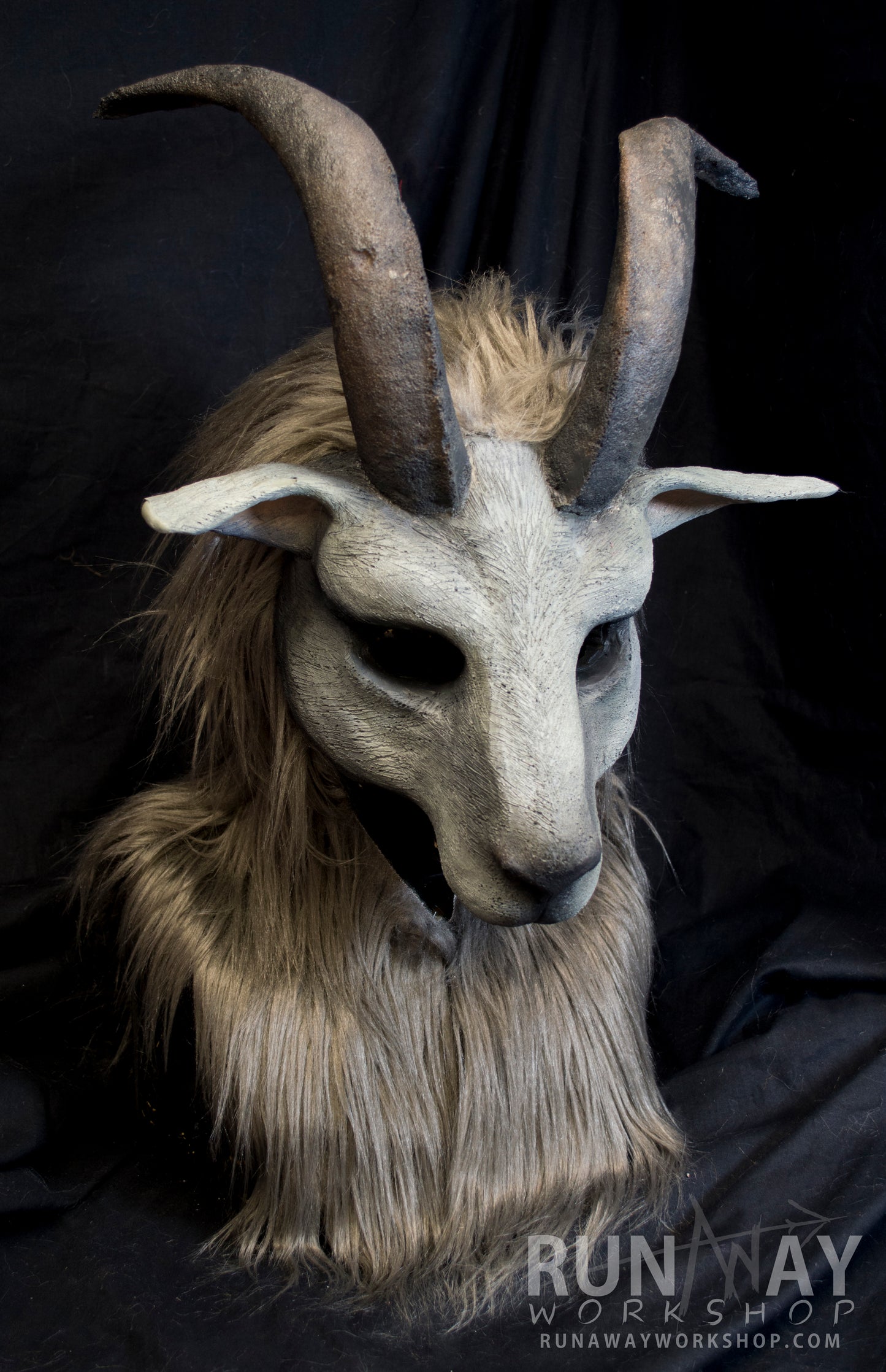 Grey goat with large horns, durable hooded mask for LARP, performance and costuming