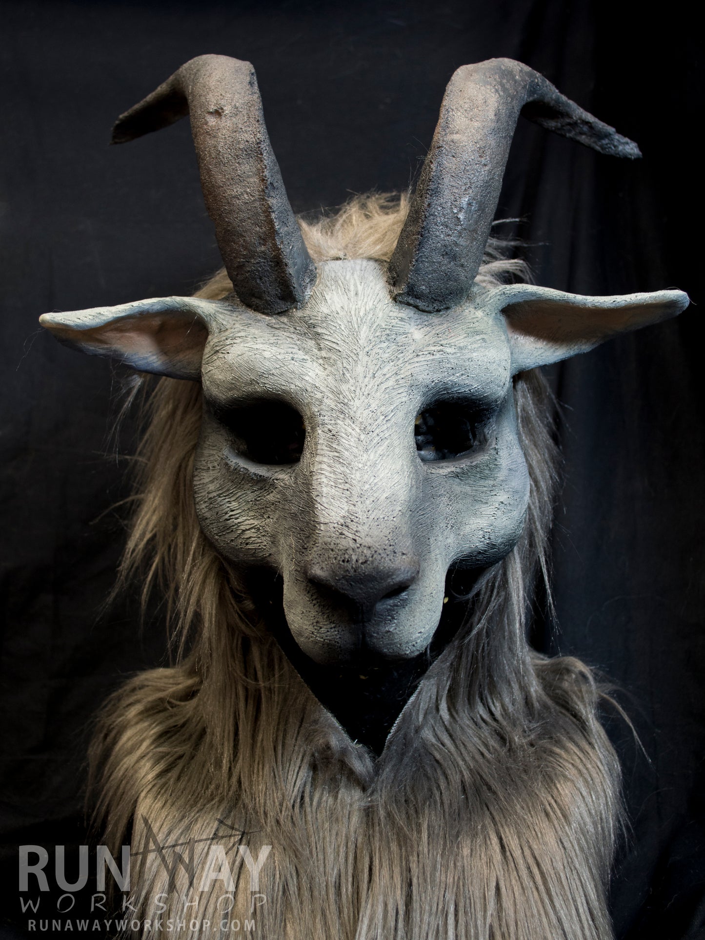 Grey goat with large horns, durable hooded mask for LARP, performance and costuming