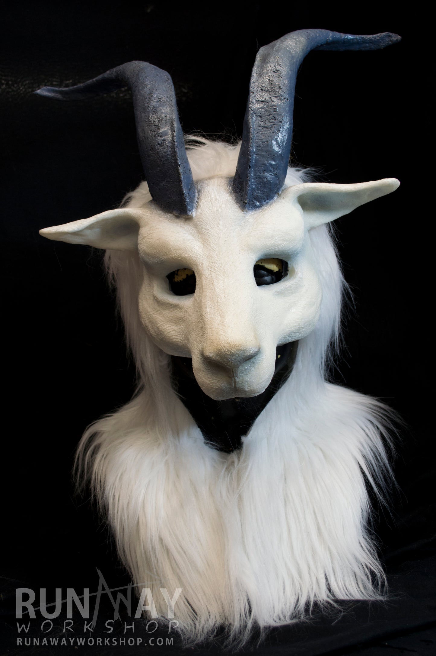 White goat with large horns, durable hooded mask for LARP, performance and costuming