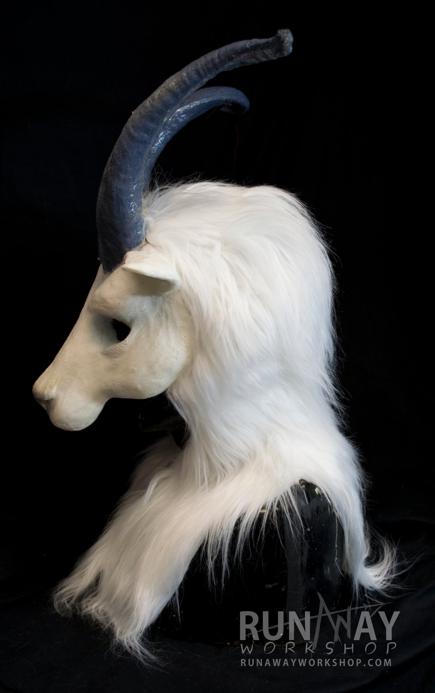 White goat with large horns, durable hooded mask for LARP, performance and costuming