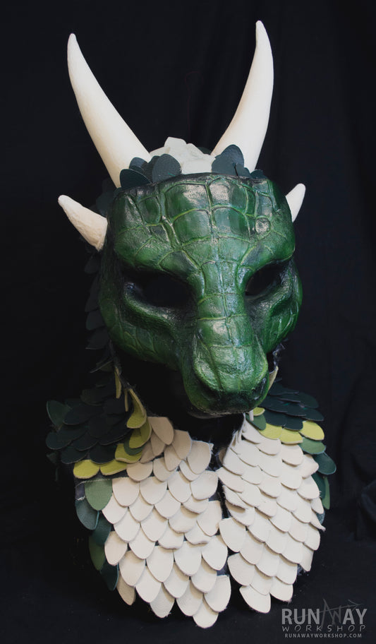 Green dragon, Faux leather scales, durable hooded mask for LARP, performance and costuming (ex-display, prototype)