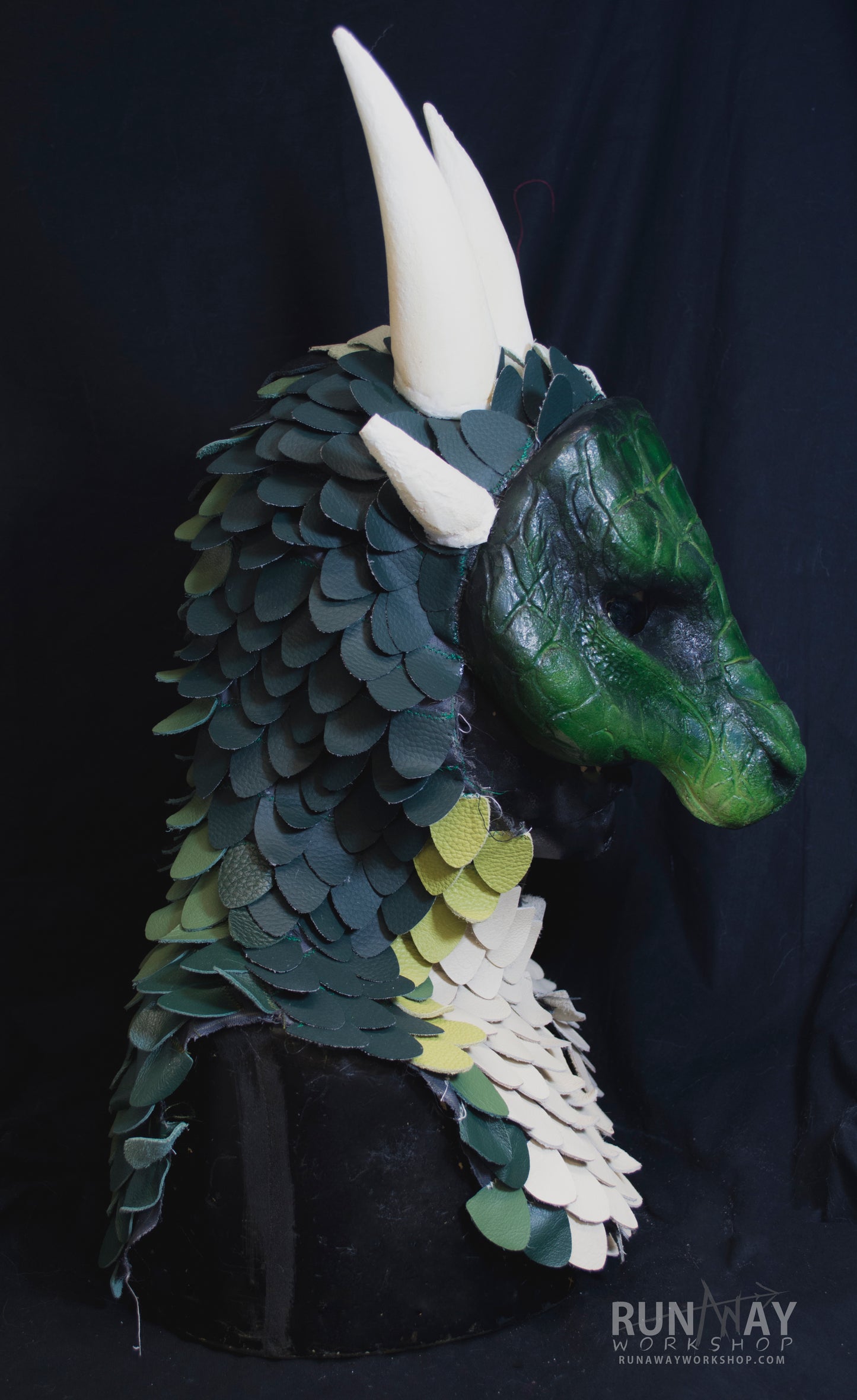 Green dragon, Faux leather scales, durable hooded mask for LARP, performance and costuming (ex-display, prototype)