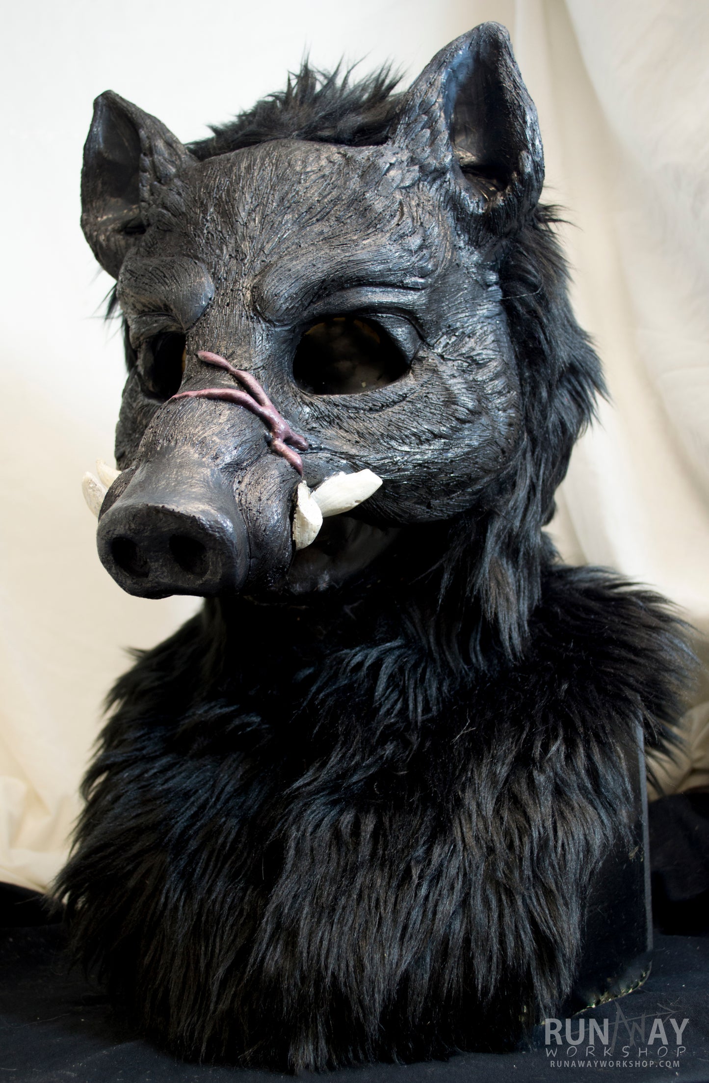 Black Boar, battle scarred, durable hooded mask for LARP, performance and costuming