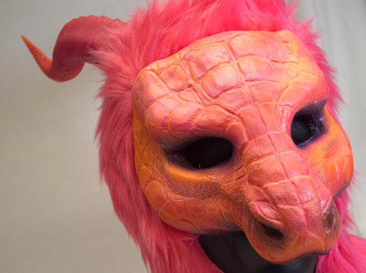 Pink / Melon Dragon, durable hooded mask for LARP, performance and costuming