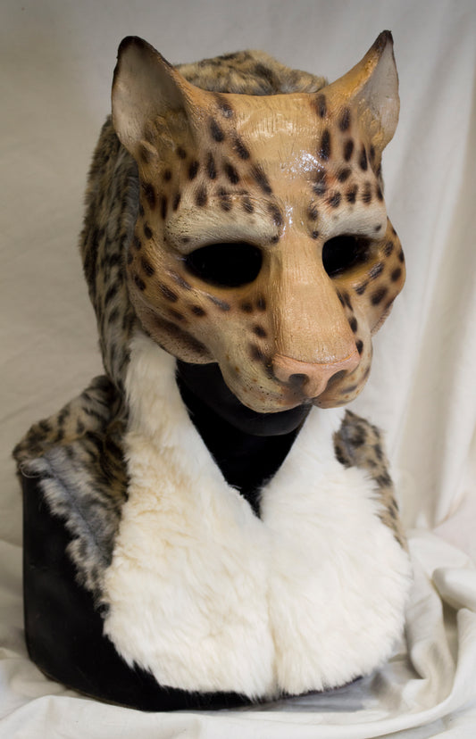 leopard khajiit, feline durable hooded mask for LARP, performance and costuming