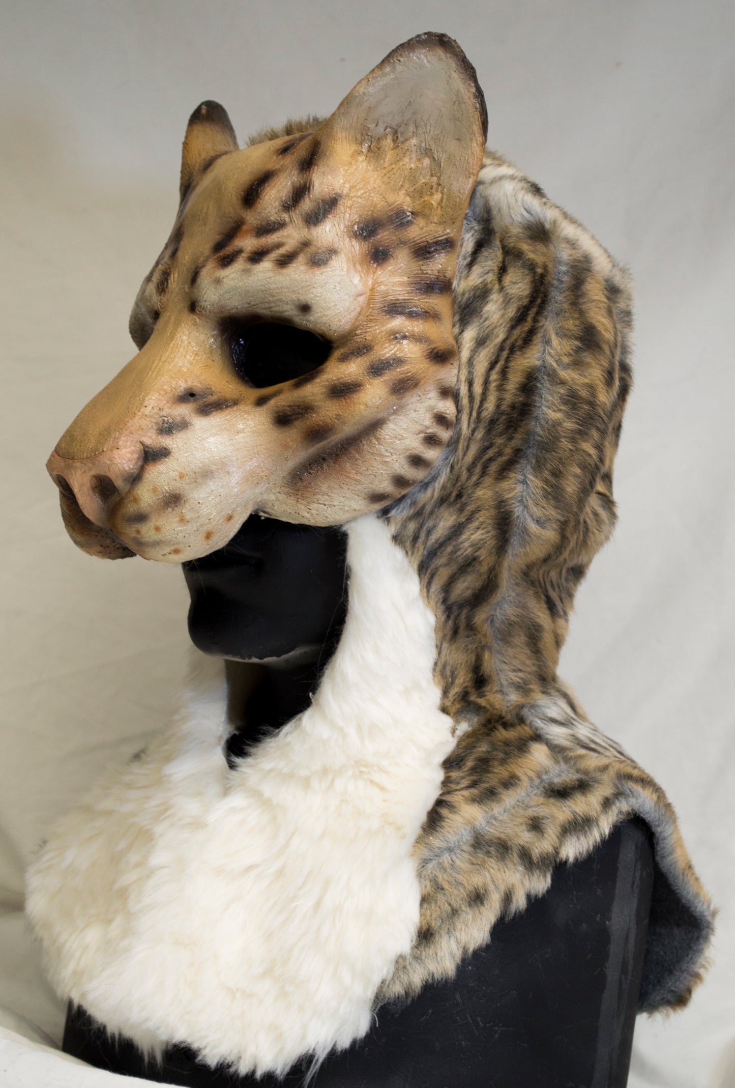 leopard khajiit, feline durable hooded mask for LARP, performance and costuming