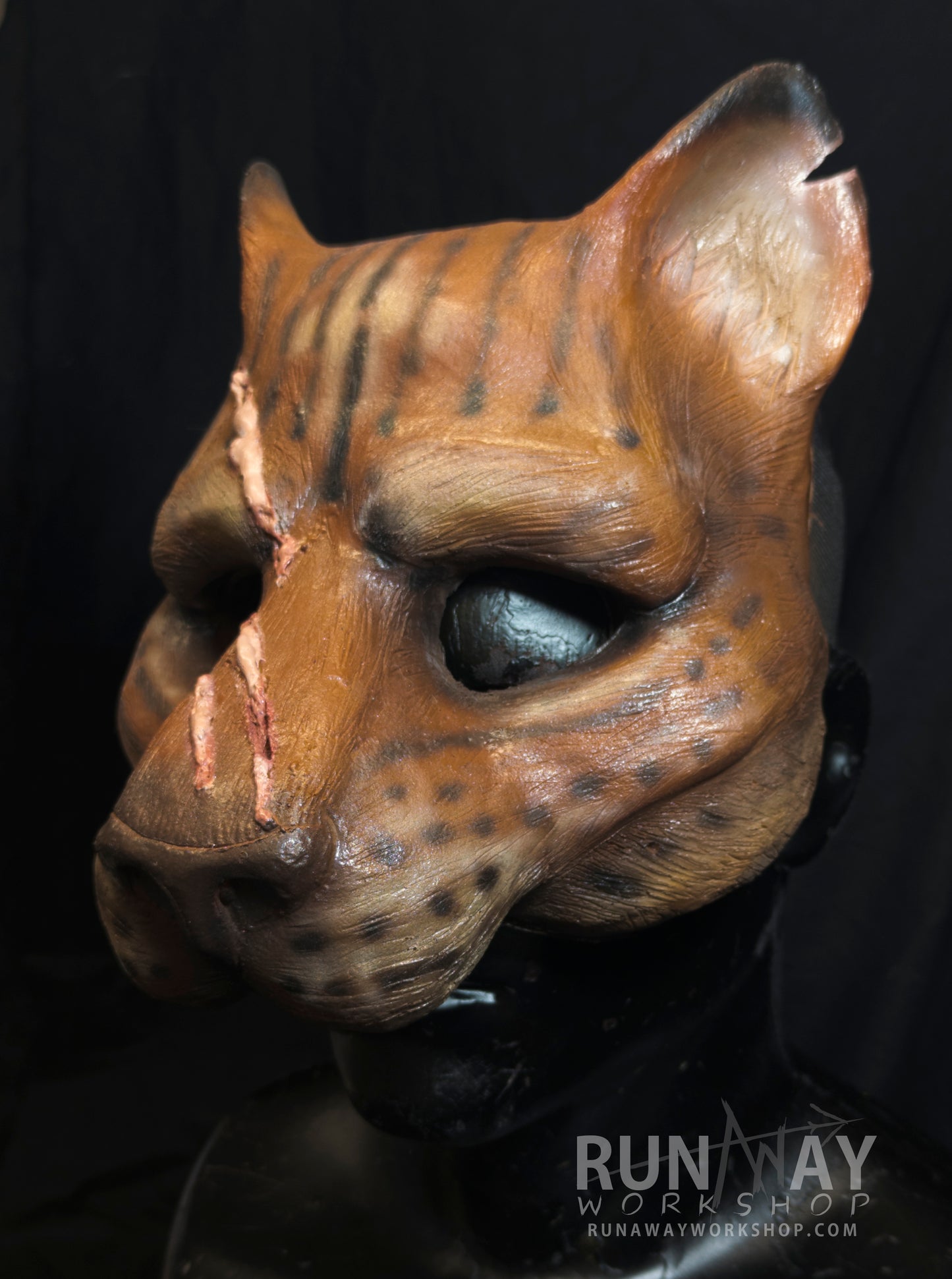 Brown khajiit, battle scarred feline durable mask for LARP, performance and costuming