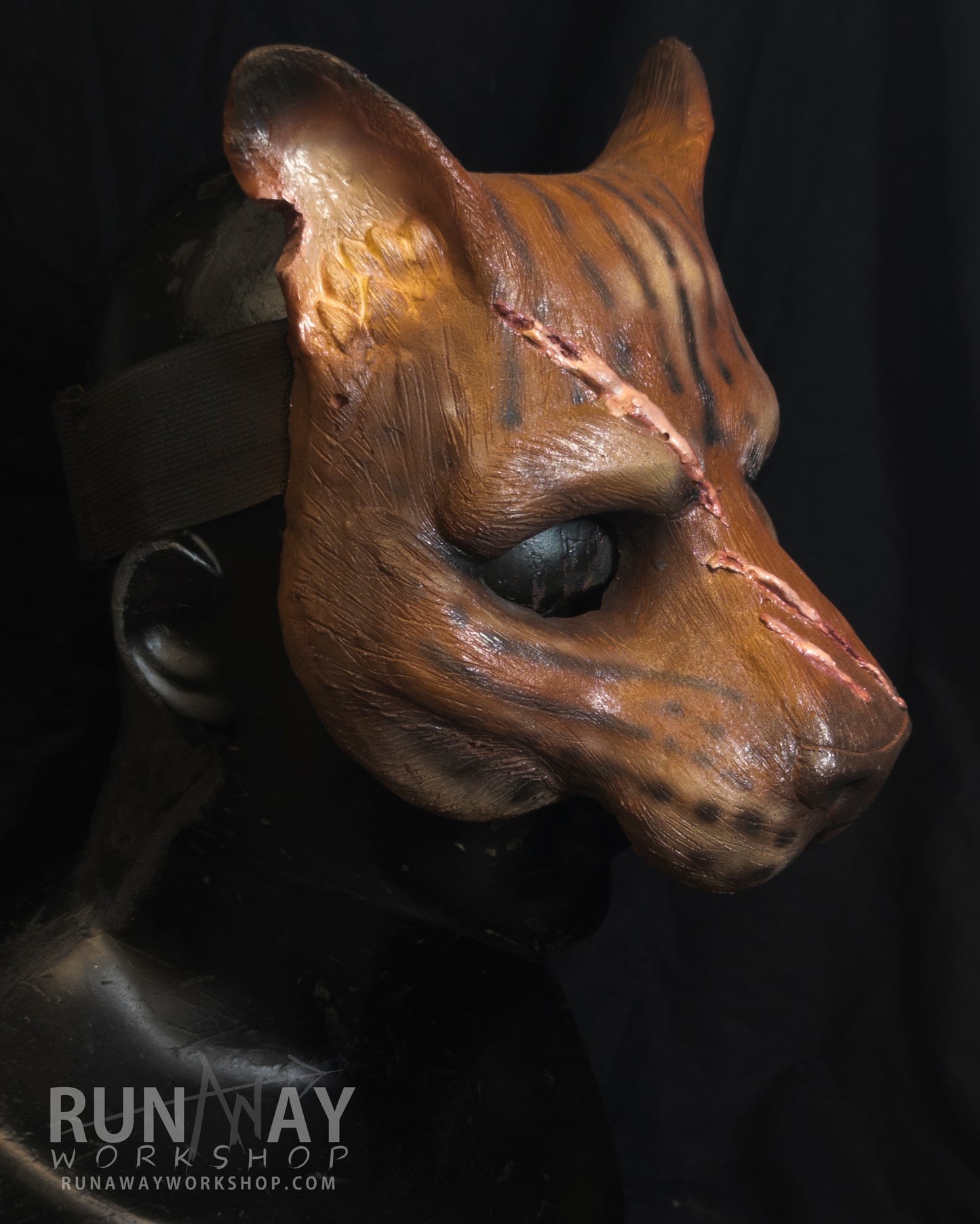 Brown khajiit, battle scarred feline durable mask for LARP, performance and costuming