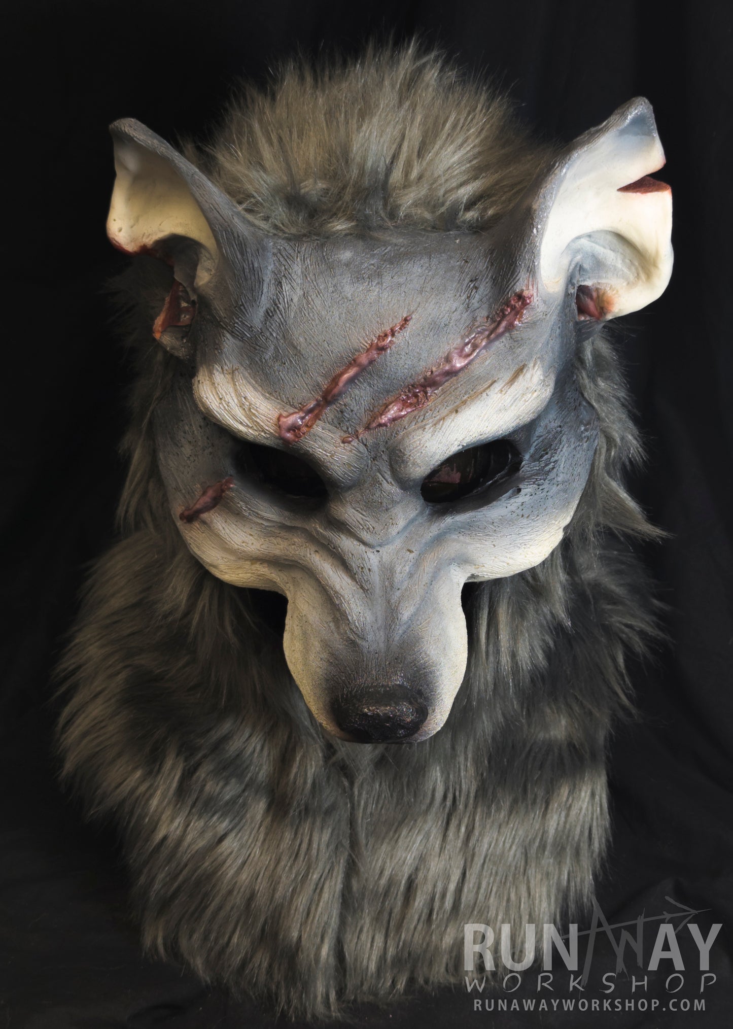 Grey wolf, battle scarred durable hooded mask for LARP, performance and costuming