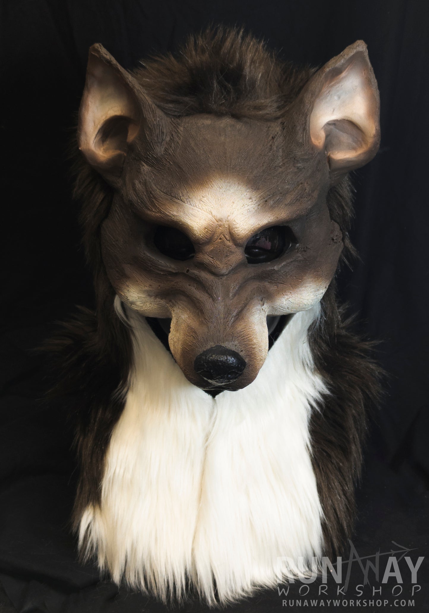 Brown and white wolf, durable hooded mask for LARP, performance and costuming