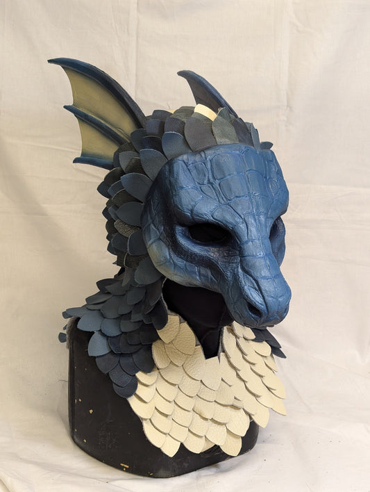 Blue dragon, leather scales, durable hooded mask for LARP, performance and costuming