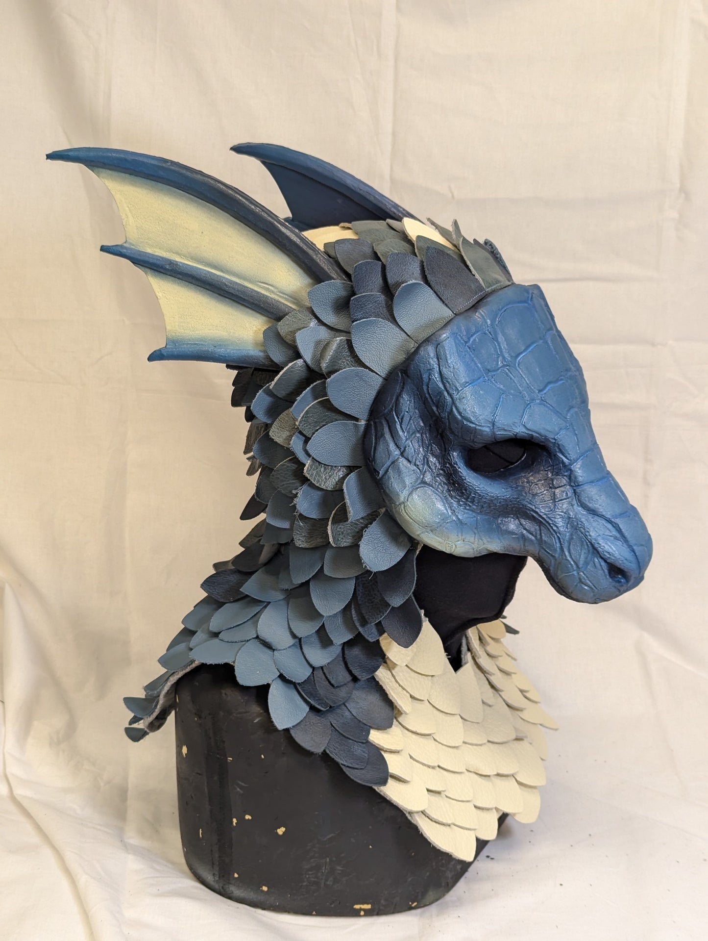 Blue dragon, leather scales, durable hooded mask for LARP, performance and costuming