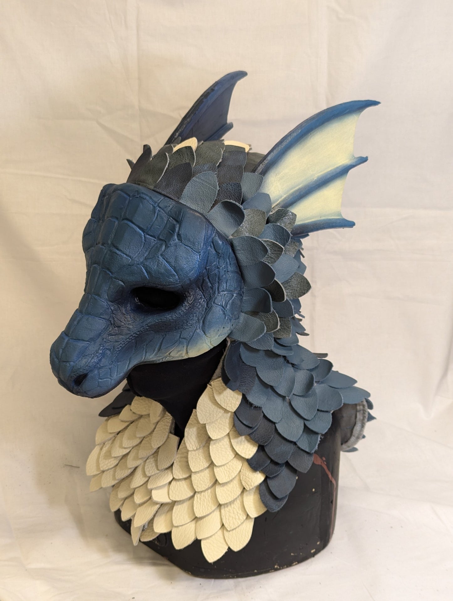 Blue dragon, leather scales, durable hooded mask for LARP, performance and costuming