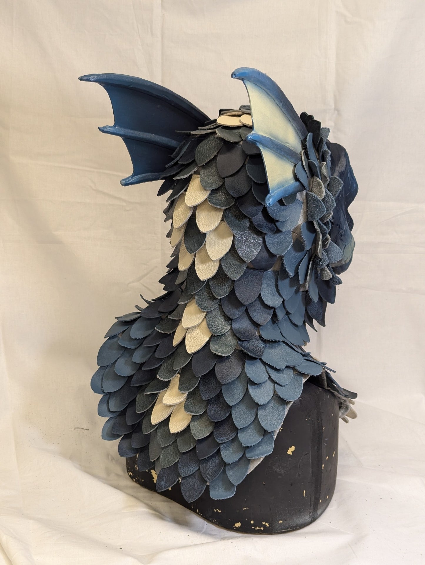 Blue dragon, leather scales, durable hooded mask for LARP, performance and costuming