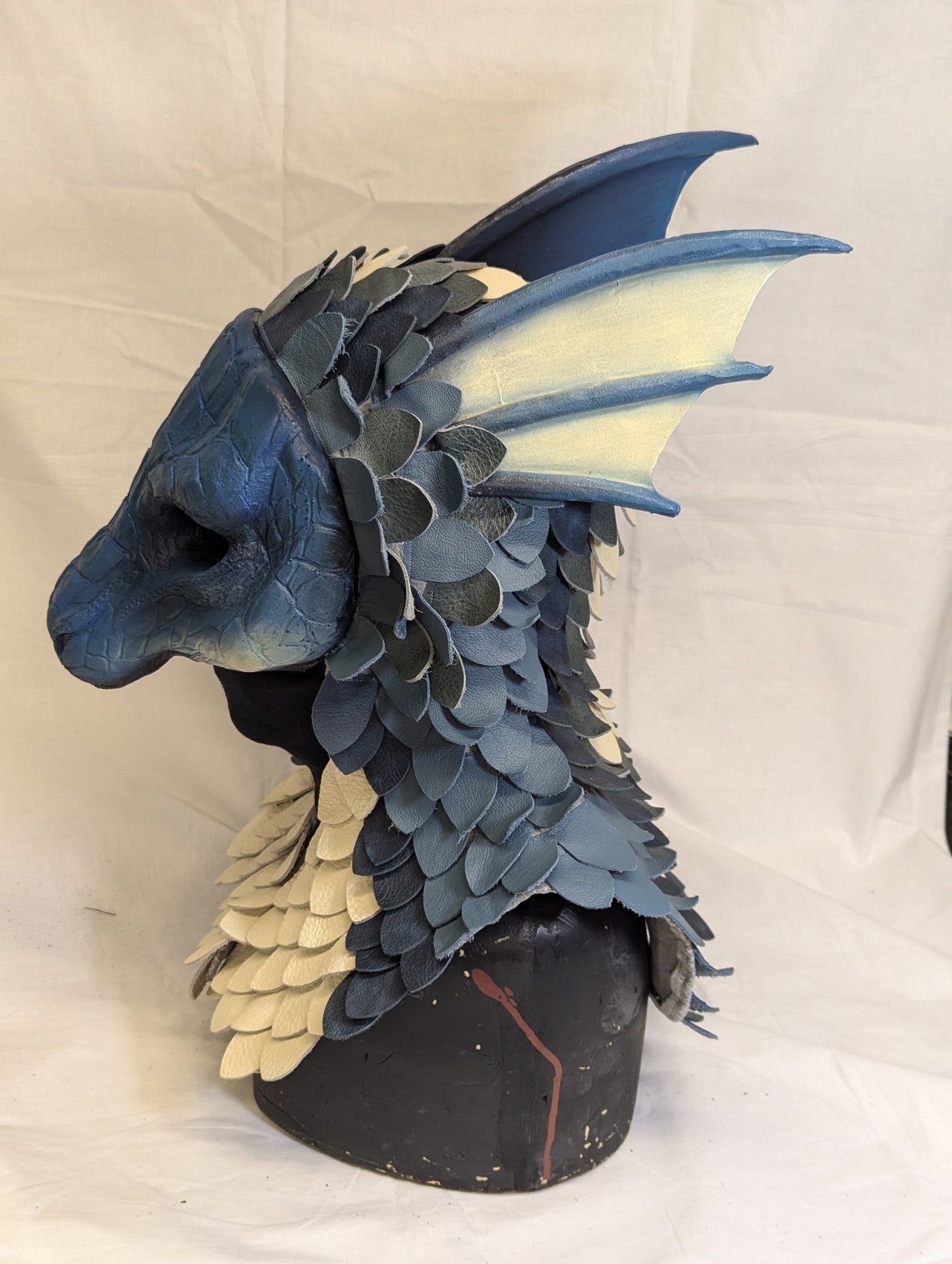 Blue dragon, leather scales, durable hooded mask for LARP, performance and costuming