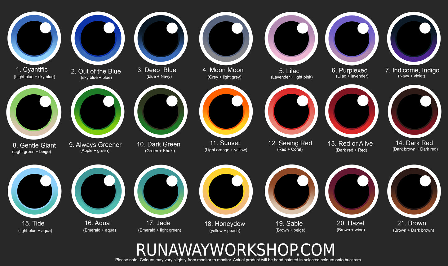 Coloured toony eyes for costumes, fursuits and mascots (1 pair)(Many colours and custom painted options) Waterproof