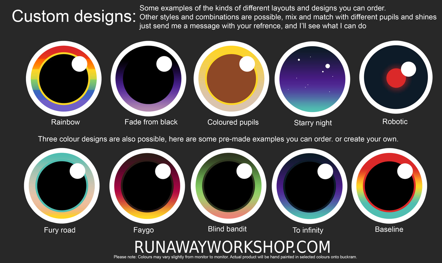Custom painted Toony eyes for costumes, (regular and large options) fursuits and mascots (1 pair) Waterproof