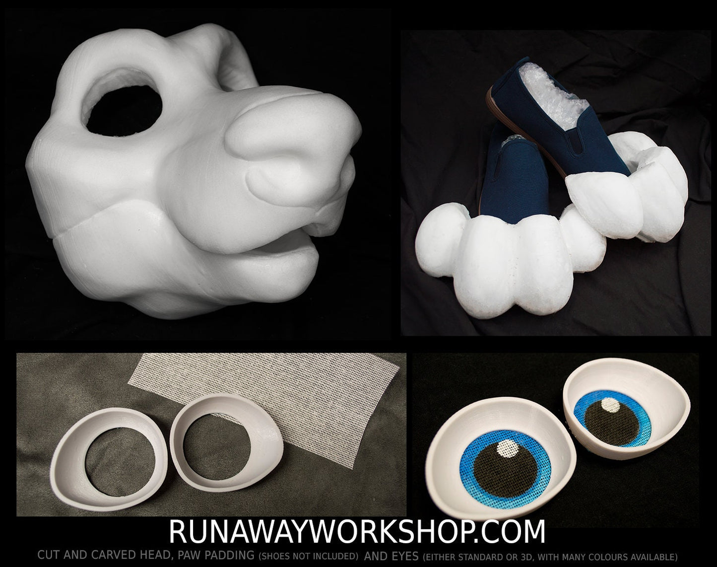 Long muzzle Canine bundle deal: cut and carved head base, Eyes and Feet padding, for costumes mascots and fursuits.