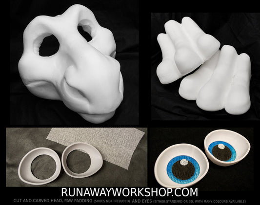 Dragon bundle three toe paws deal: cut and carved head base, Eyes and Feet padding, for costumes mascots and fursuits.