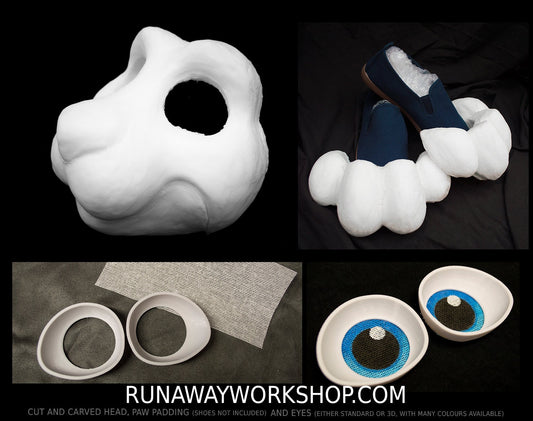 Critter bundle deal: cut and carved head base, Eyes and Feet padding, for costumes mascots and fursuits.