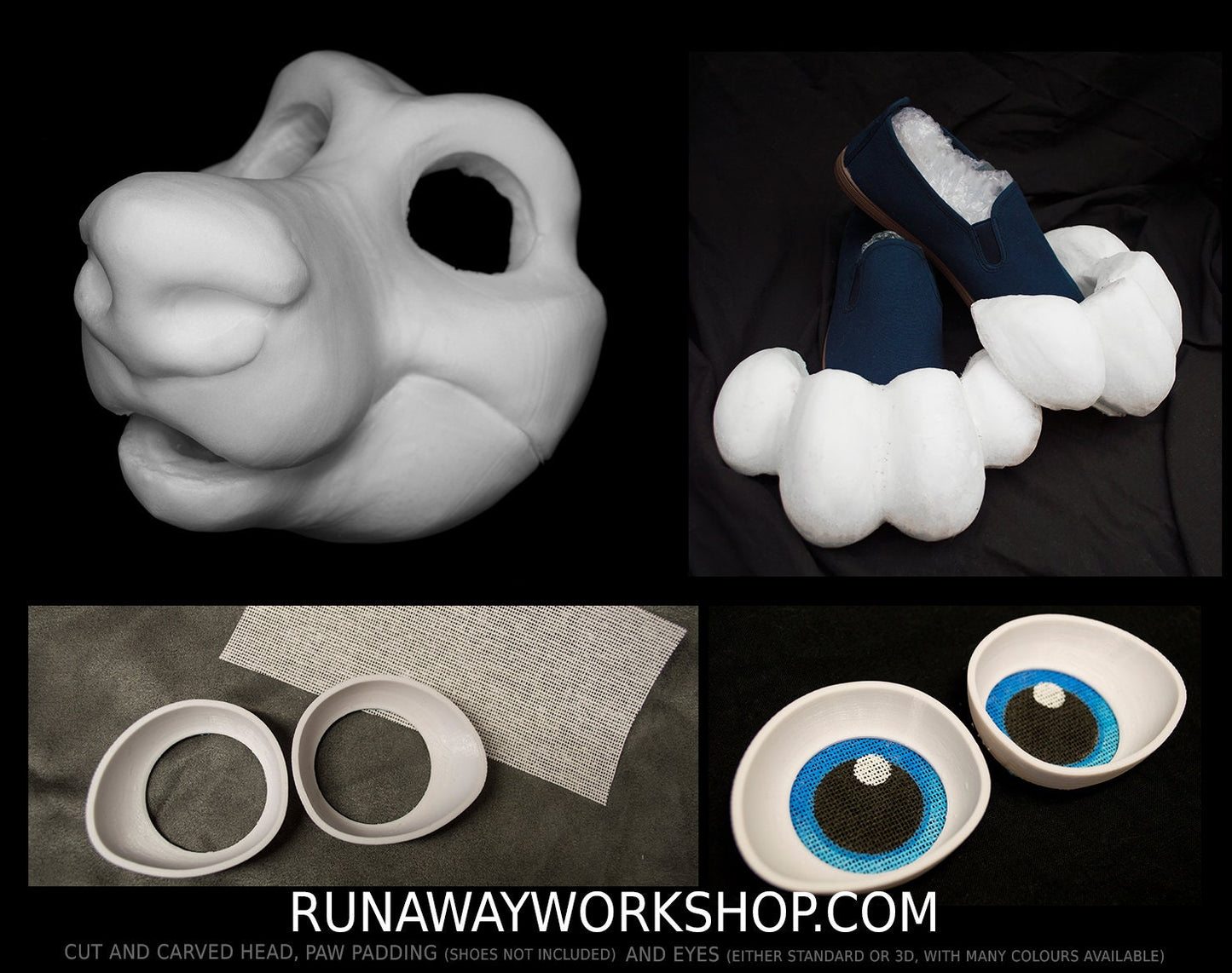 Happy Canine bundle deal: cut and carved head base, Eyes and Feet padding, for costumes mascots and fursuits.