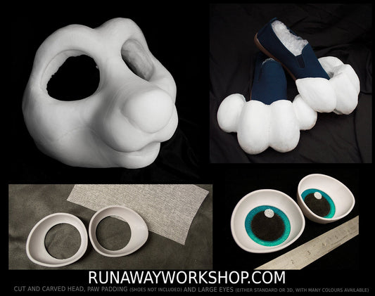 Kemono Critter bundle deal: cut and carved head base, Eyes and Feet padding, for costumes mascots and fursuits.