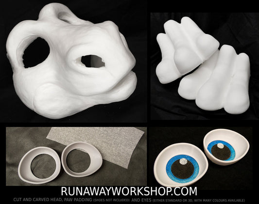 Raptor/dragon bundle deal: cut and carved head base, Eyes and Feet padding, for costumes mascots and fursuits.