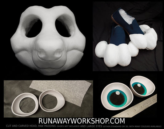 Kemono canine bundle deal: cut and carved head base, Eyes and Feet padding, for costumes mascots and fursuits.