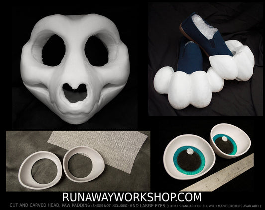 Toony skull bundle deal: cut and carved head base, Eyes and Feet padding, for costumes mascots and fursuits.
