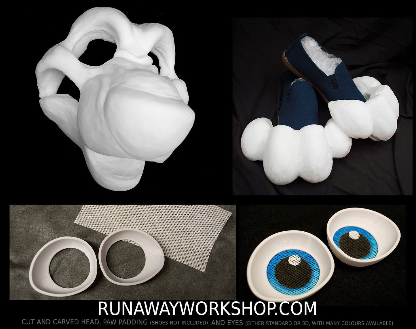 Angry Canine bundle deal: cut and carved head base, Eyes and Feet padding, for costumes mascots and fursuits.
